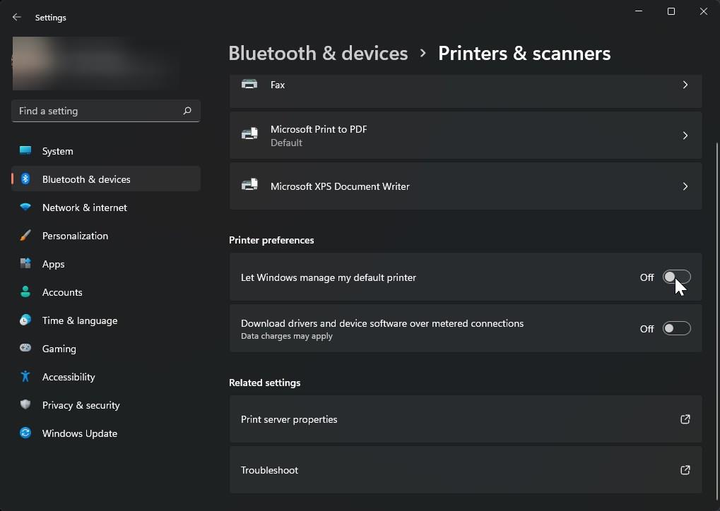 オフにすると、Windowsがデフォルトのプリンタオプションを管理できるようになります